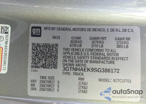 2025 GMC Sierra 1500 2Wd Standard Box Pro z USA, uszkodzony, nr VIN 3GTNHAEK9SG386172